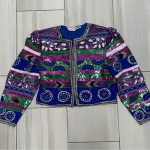 Vtg Jacket Lawrence Kazar Silk Sequin Beaded Long Sleeve Size XL